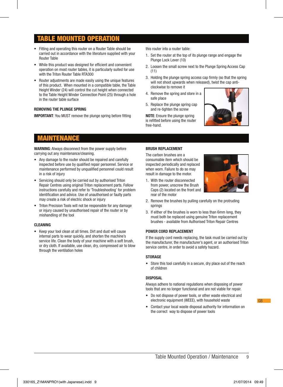 Table mounted operation maintenance, Table mounted operation / maintenance | Triton TRA 001 User Manual | Page 10 / 72