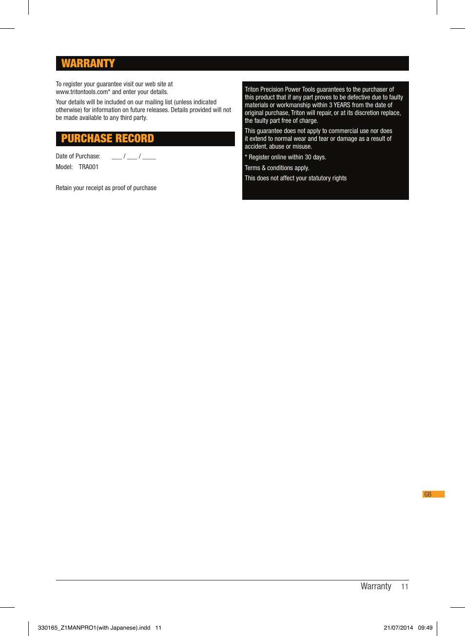 Purchase record, Warranty | Triton TRA 001 User Manual | Page 12 / 72