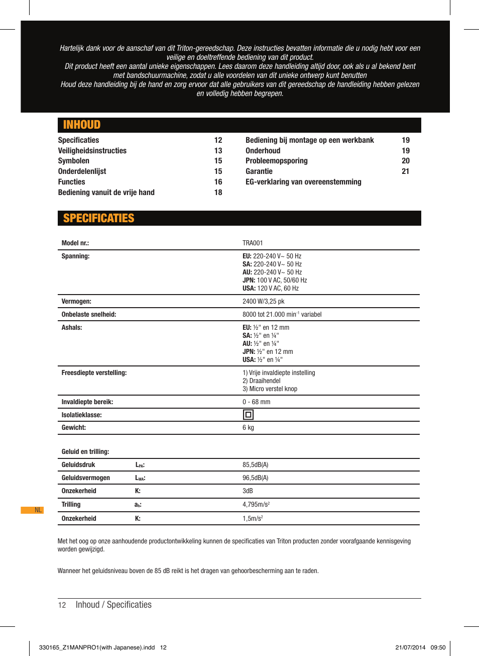 Inhoud specificaties, Inhoud / specificaties | Triton TRA 001 User Manual | Page 13 / 72