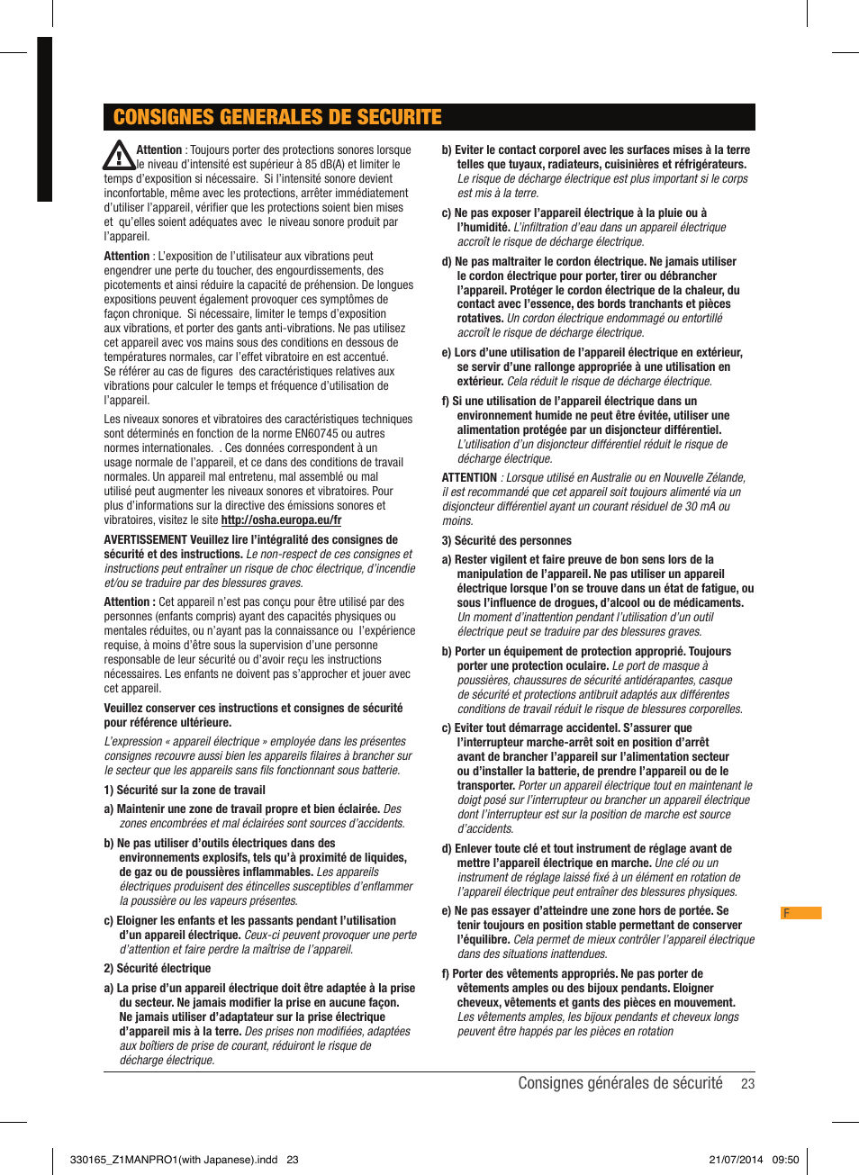Consignes generales de securite, Consignes générales de sécurité | Triton TRA 001 User Manual | Page 24 / 72