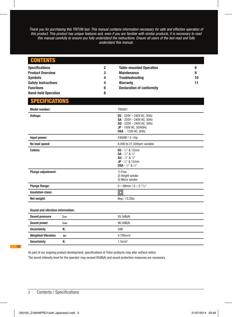 Specifications contents, Contents / specifications | Triton TRA 001 User Manual | Page 3 / 72