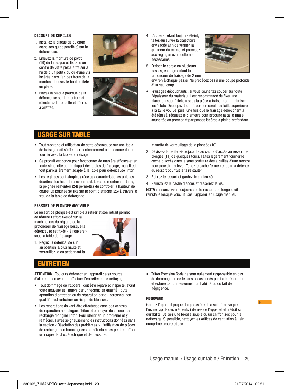 Usage sur table, Entretien, Usage manuel / usage sur table / entretien | Triton TRA 001 User Manual | Page 30 / 72