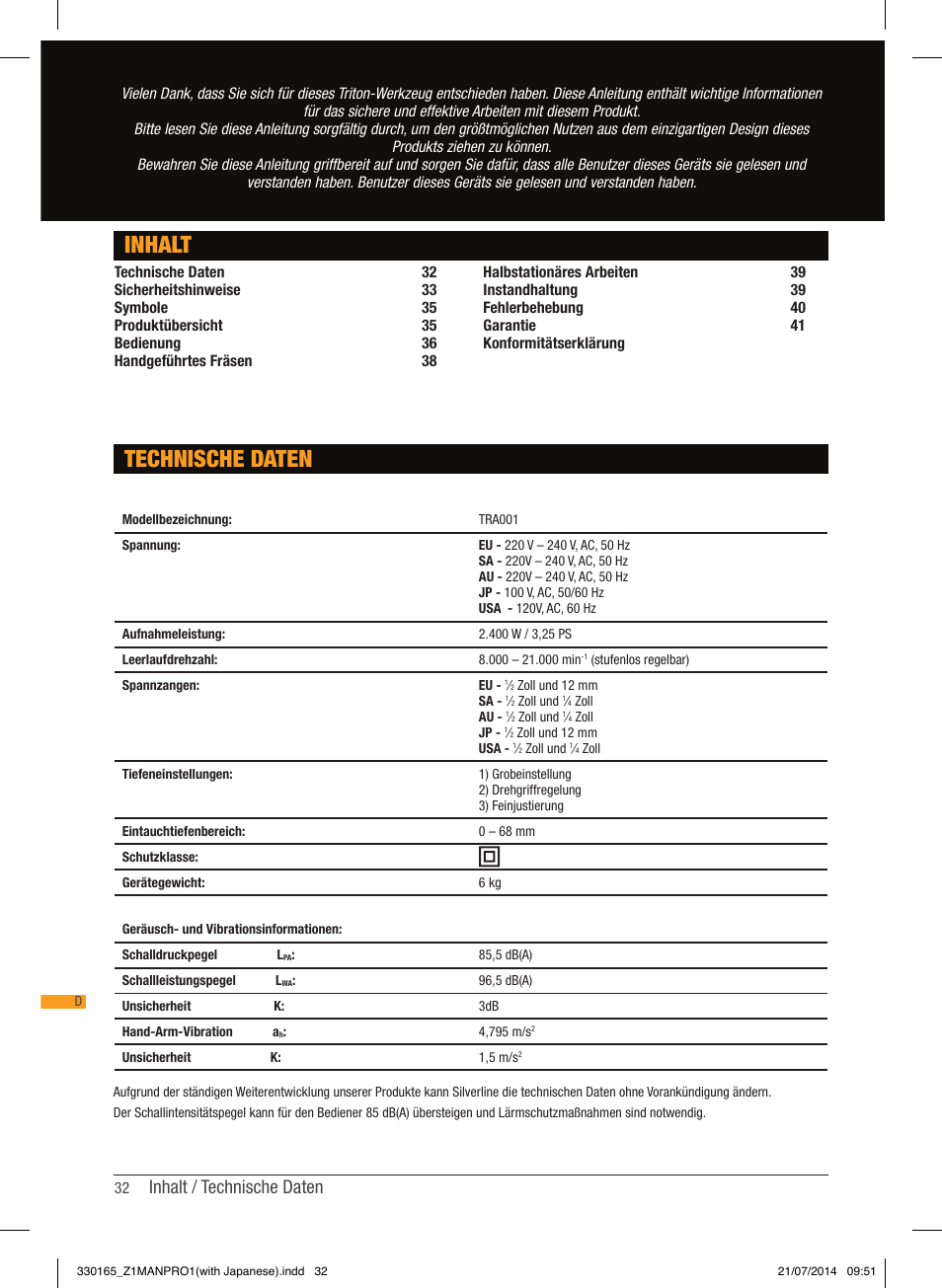 Technische daten inhalt, Inhalt / technische daten | Triton TRA 001 User Manual | Page 33 / 72