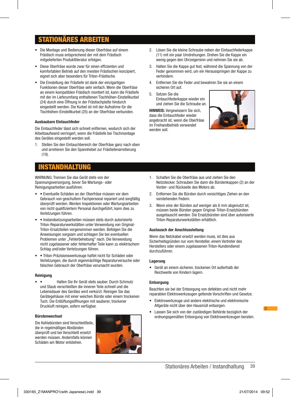 Stationäres arbeiten instandhaltung, Stationäres arbeiten / instandhaltung | Triton TRA 001 User Manual | Page 40 / 72