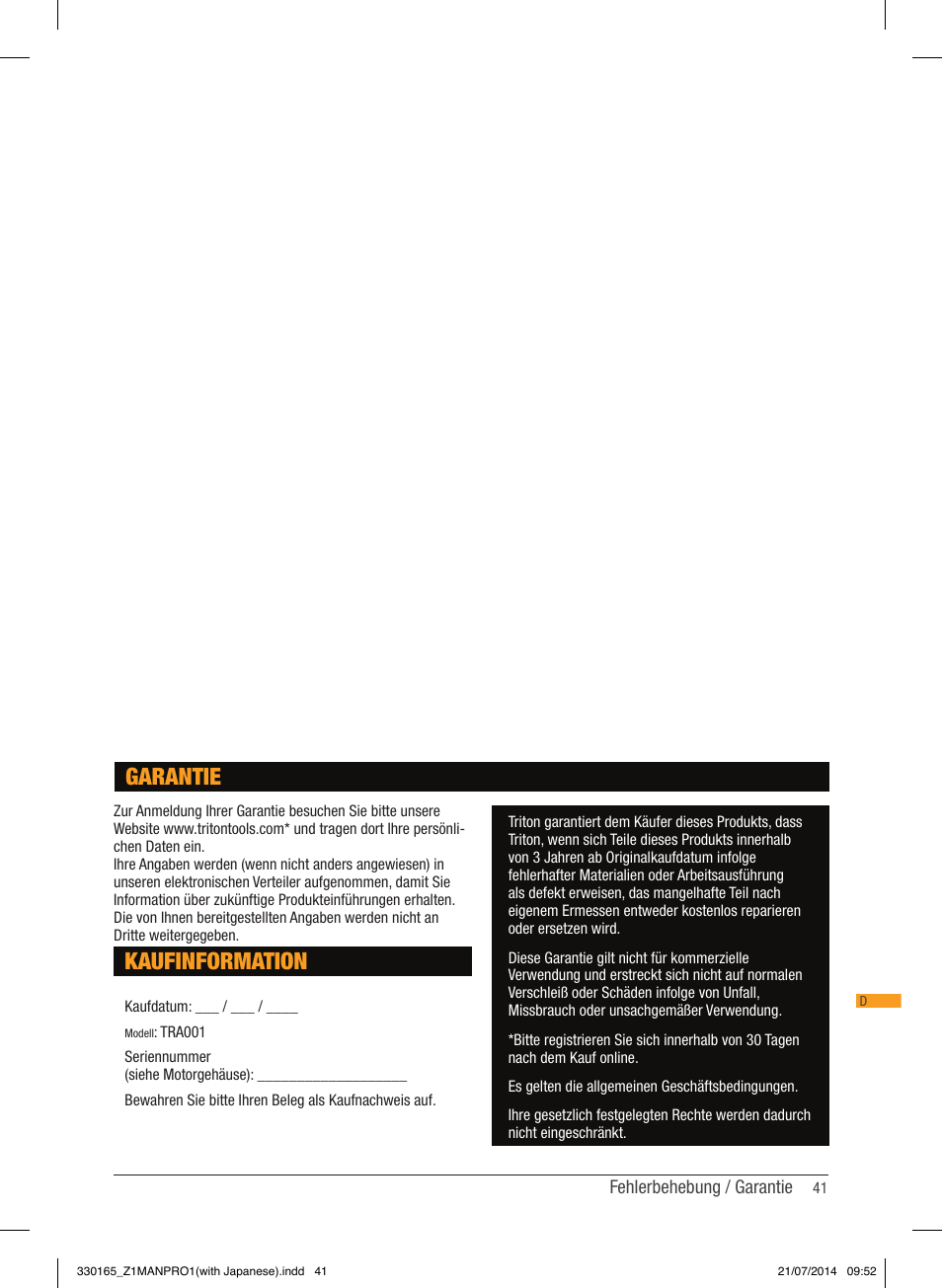 Kaufinformation, Garantie | Triton TRA 001 User Manual | Page 42 / 72