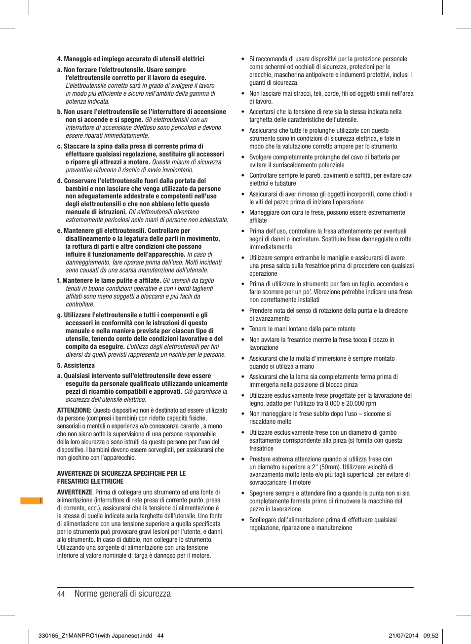 Norme generali di sicurezza | Triton TRA 001 User Manual | Page 45 / 72