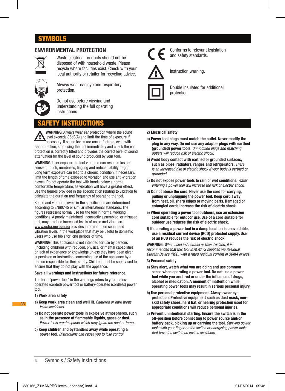 Safety instructions, Symbols, Environmental protection | Symbols / safety instructions | Triton TRA 001 User Manual | Page 5 / 72