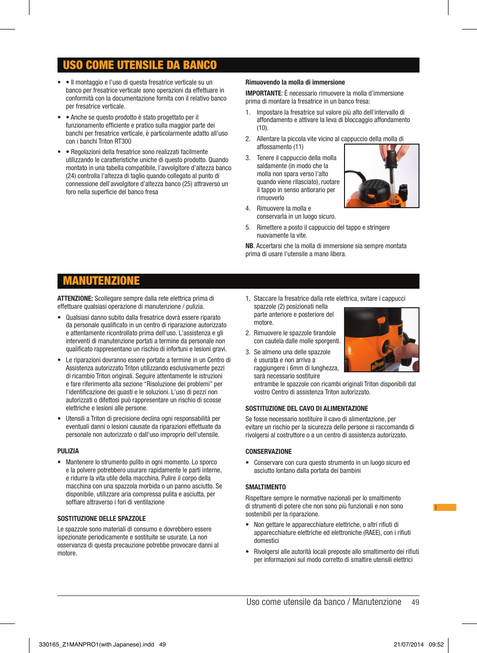 Uso come utensile da banco manutenzione, Uso come utensile da banco / manutenzione | Triton TRA 001 User Manual | Page 50 / 72