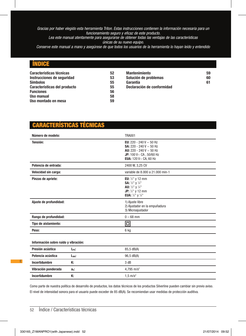 Índice, Características técnicas, Índice / características técnicas | Triton TRA 001 User Manual | Page 53 / 72