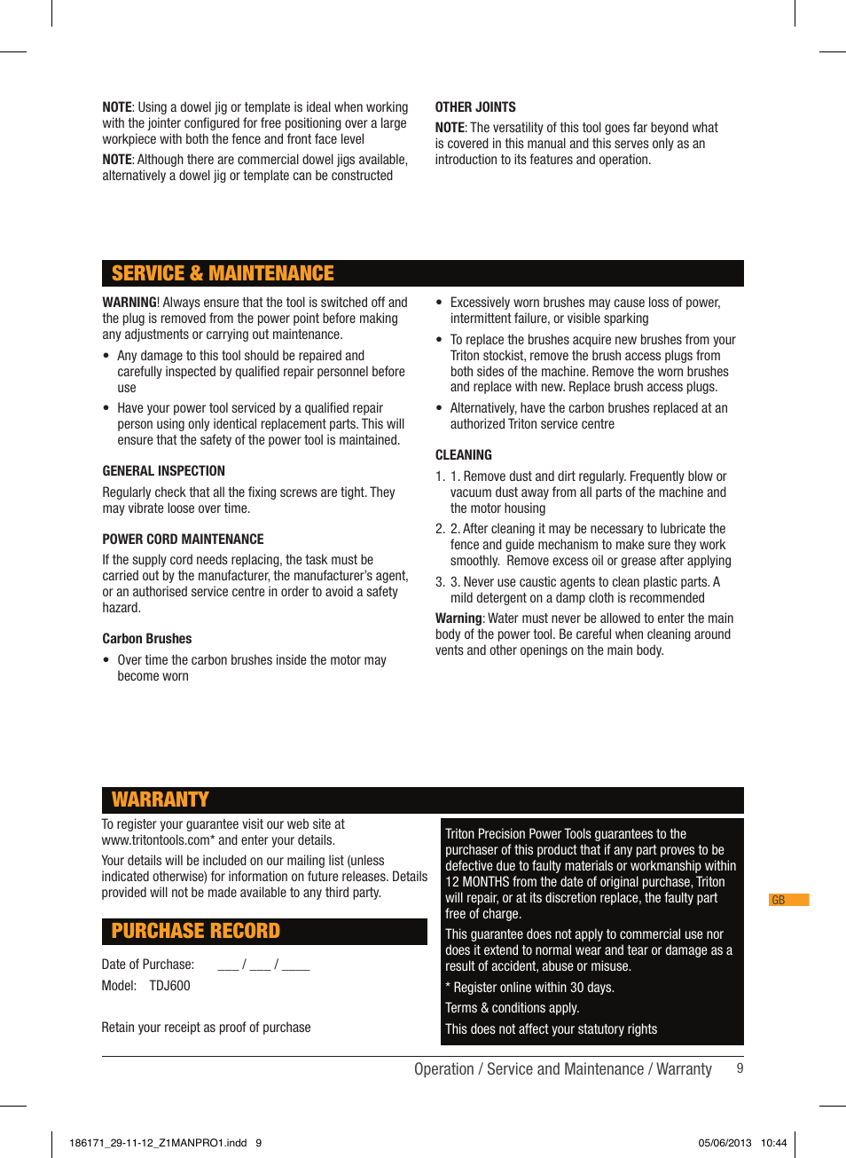 Service & maintenance, Warranty, Purchase record | Triton TDJ 600 User Manual | Page 10 / 54