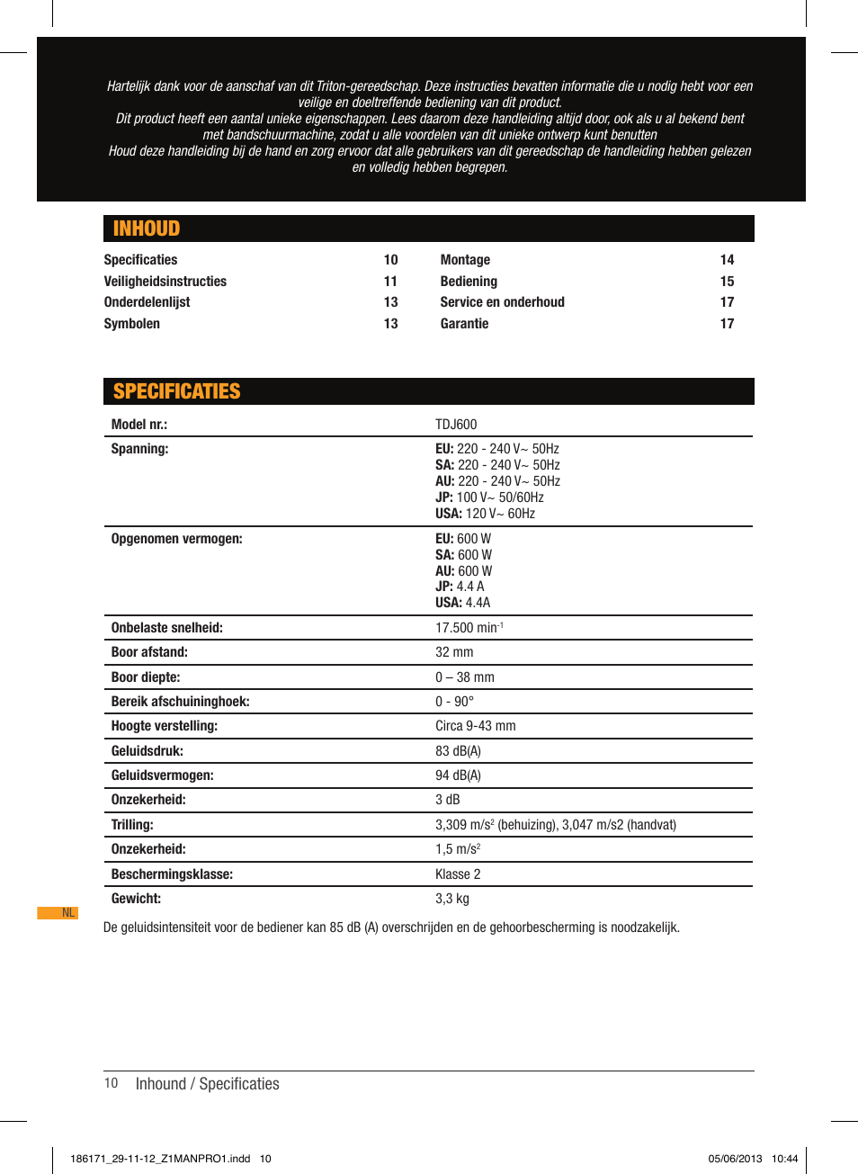 Specificaties inhoud | Triton TDJ 600 User Manual | Page 11 / 54