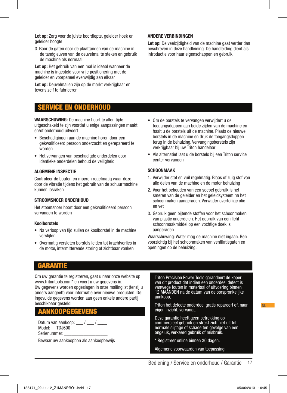 Service en onderhoud, Aankoopgegevens, Garantie | Triton TDJ 600 User Manual | Page 18 / 54