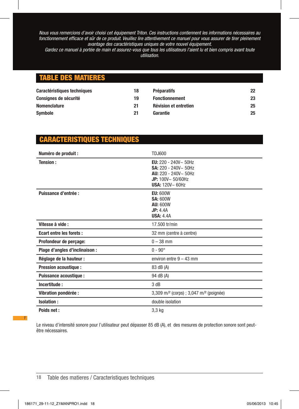 Caracteristiques techniques table des matieres | Triton TDJ 600 User Manual | Page 19 / 54