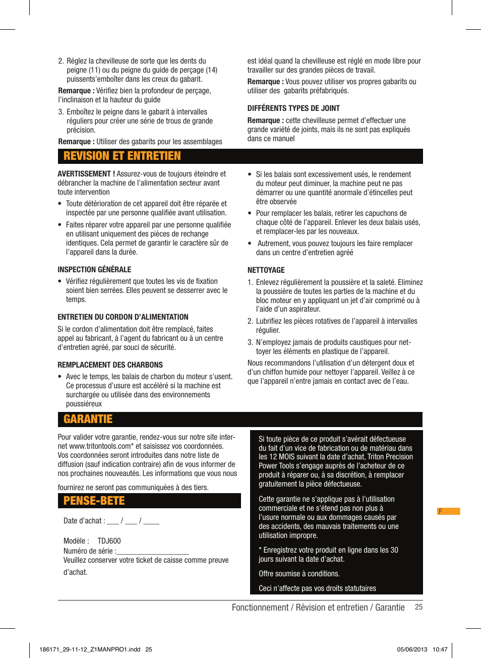 Revision et entretien, Pense-bete, Garantie | Triton TDJ 600 User Manual | Page 26 / 54