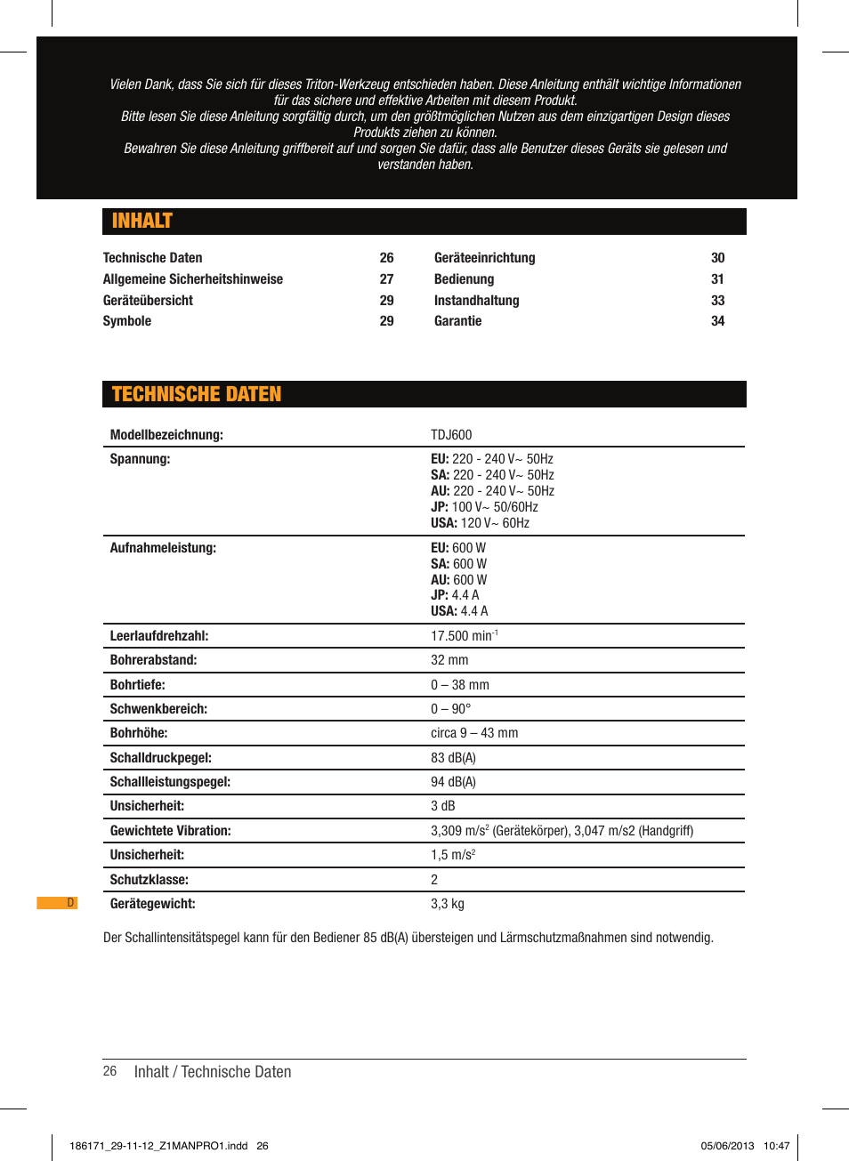 Technische daten inhalt | Triton TDJ 600 User Manual | Page 27 / 54