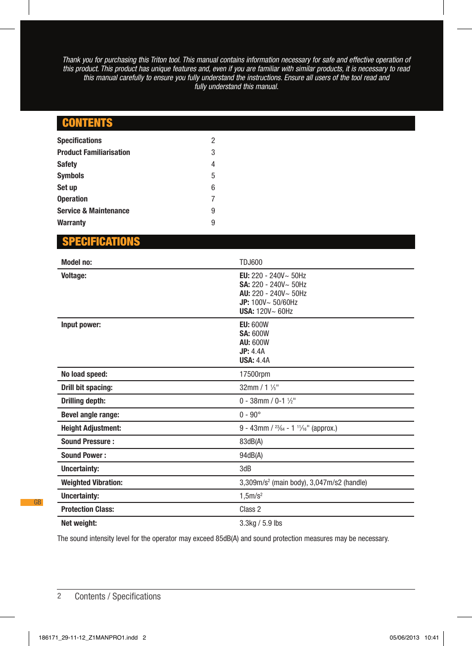 Specifications contents, Contents / specifications | Triton TDJ 600 User Manual | Page 3 / 54