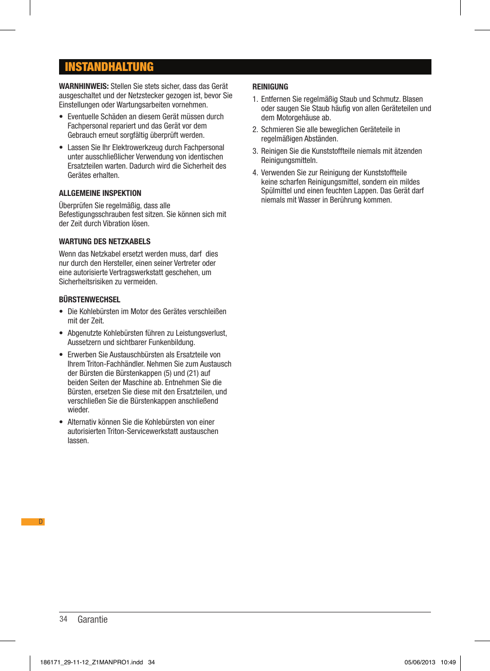 Instandhaltung | Triton TDJ 600 User Manual | Page 35 / 54