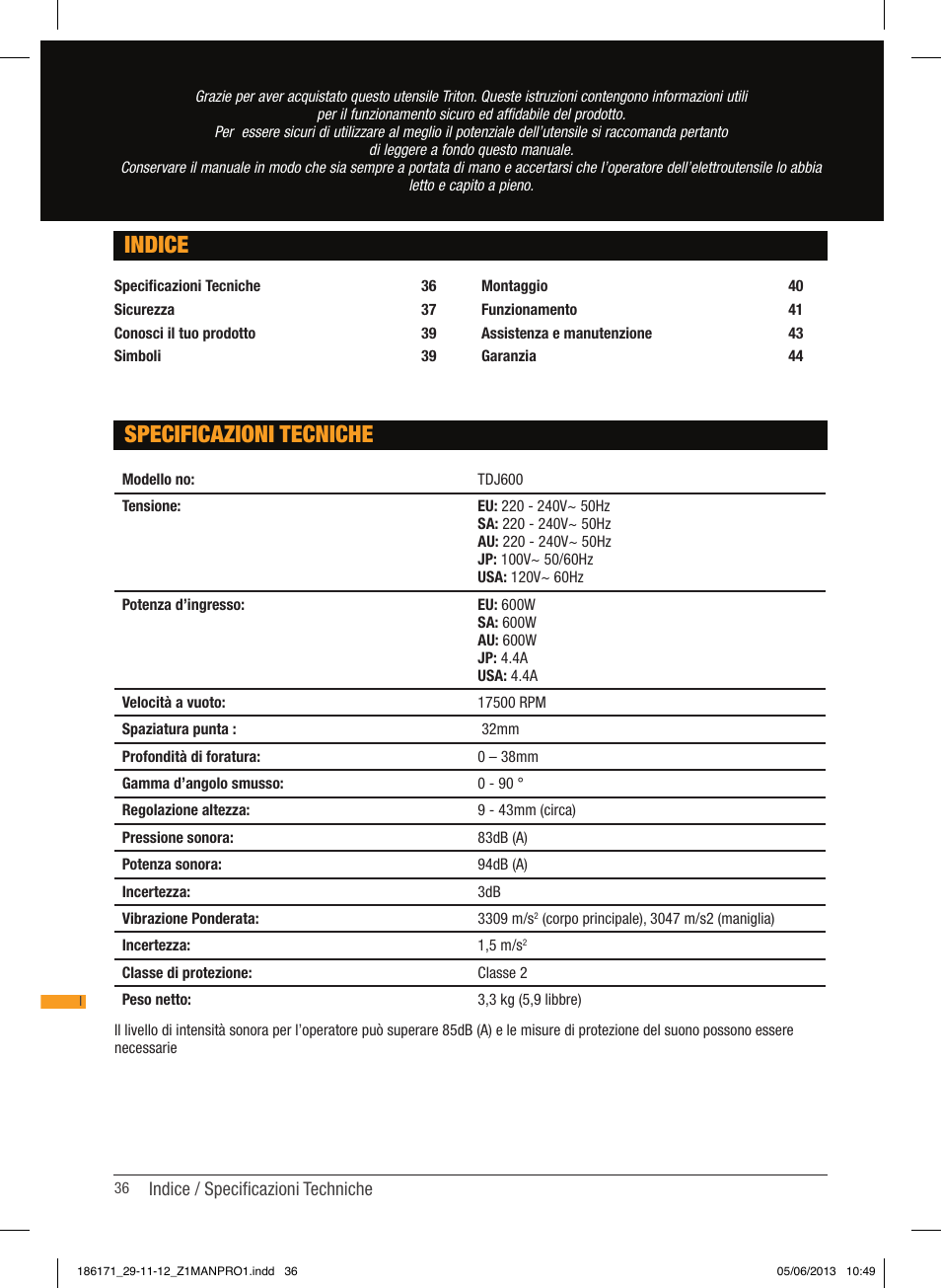 Specificazioni tecniche indice | Triton TDJ 600 User Manual | Page 37 / 54