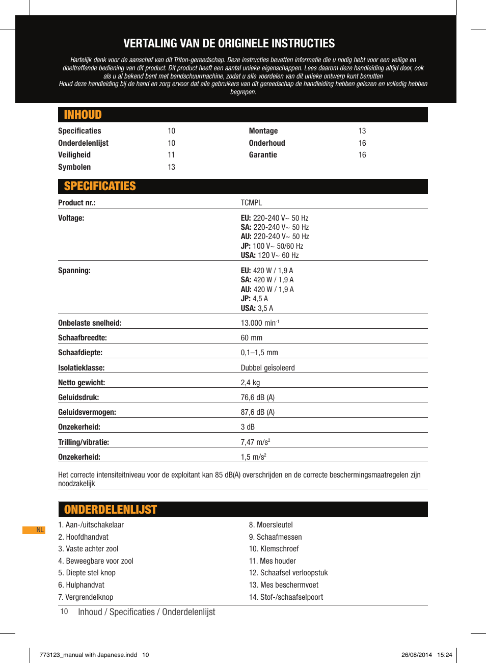 Inhoud specificaties, Onderdelenlijst, Vertaling van de originele instructies | Triton TCM PL User Manual | Page 10 / 54