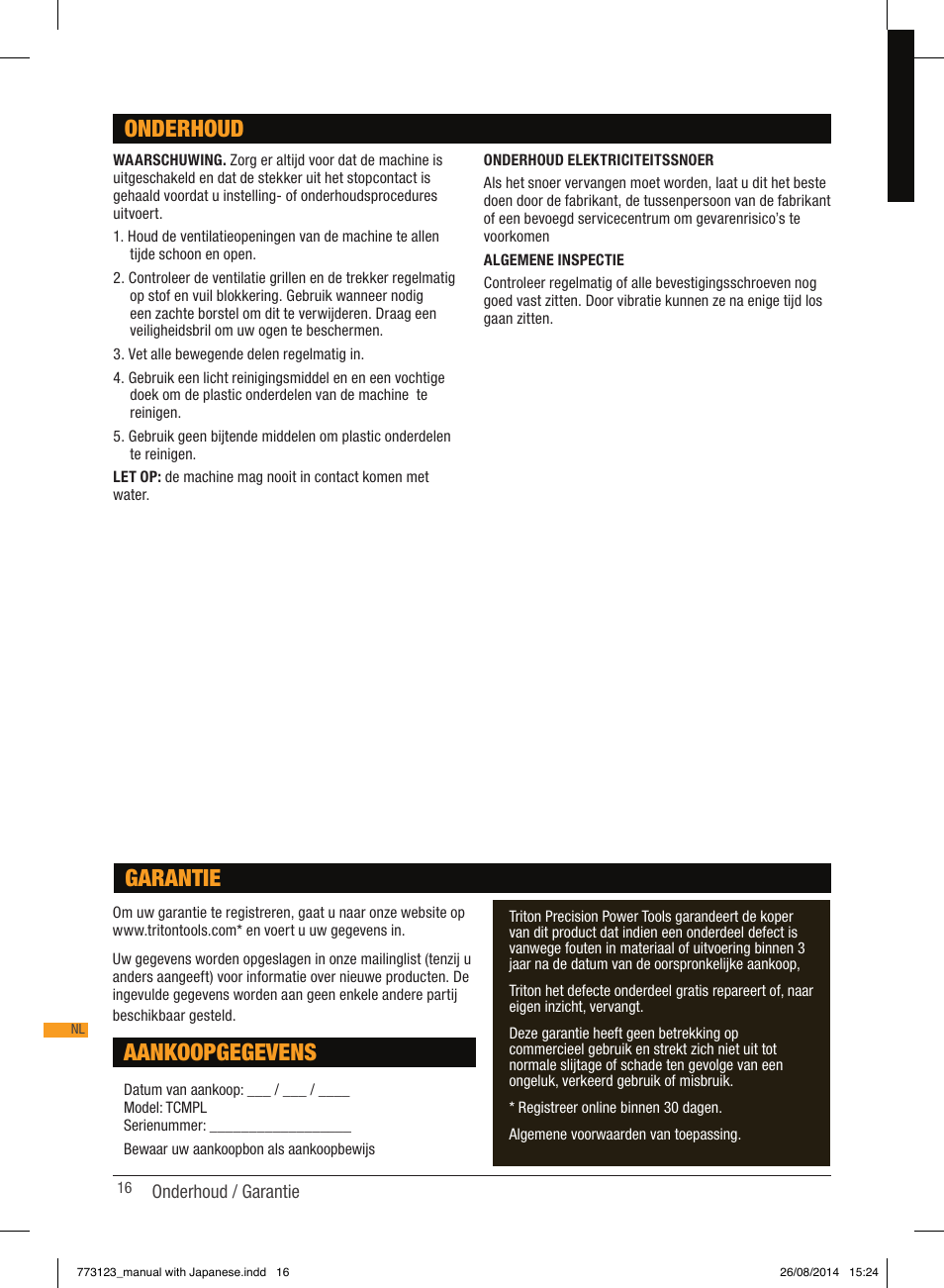 Onderhoud, Aankoopgegevens, Garantie | Triton TCM PL User Manual | Page 16 / 54