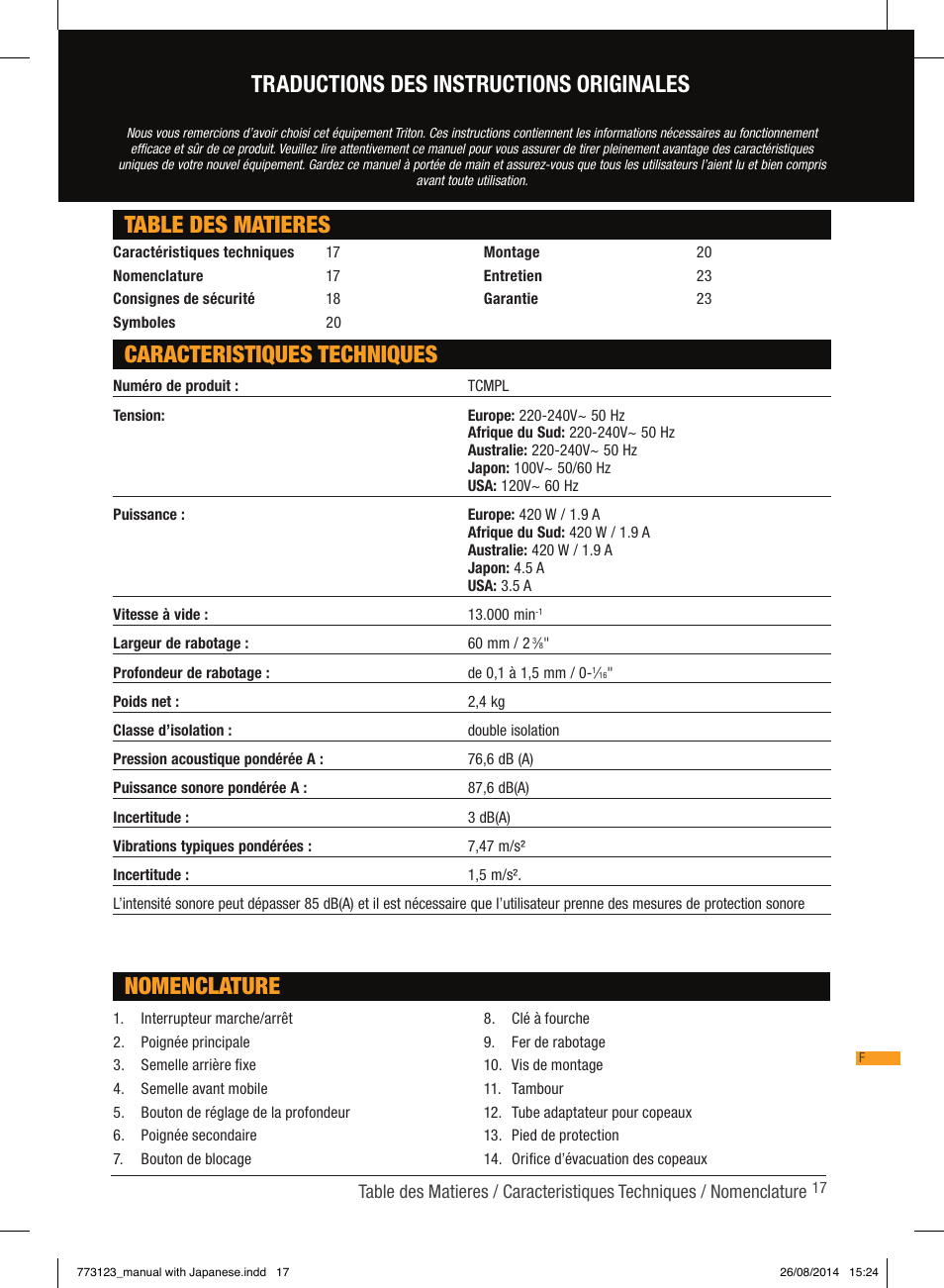 Table des matieres caracteristiques techniques, Nomenclature, Traductions des instructions originales | Triton TCM PL User Manual | Page 17 / 54