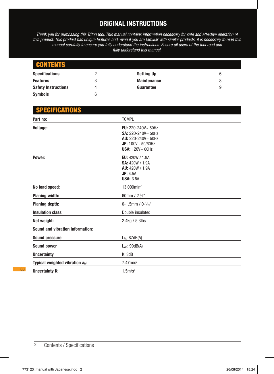 Contents specifications, Original instructions, Contents / specifications | Triton TCM PL User Manual | Page 2 / 54