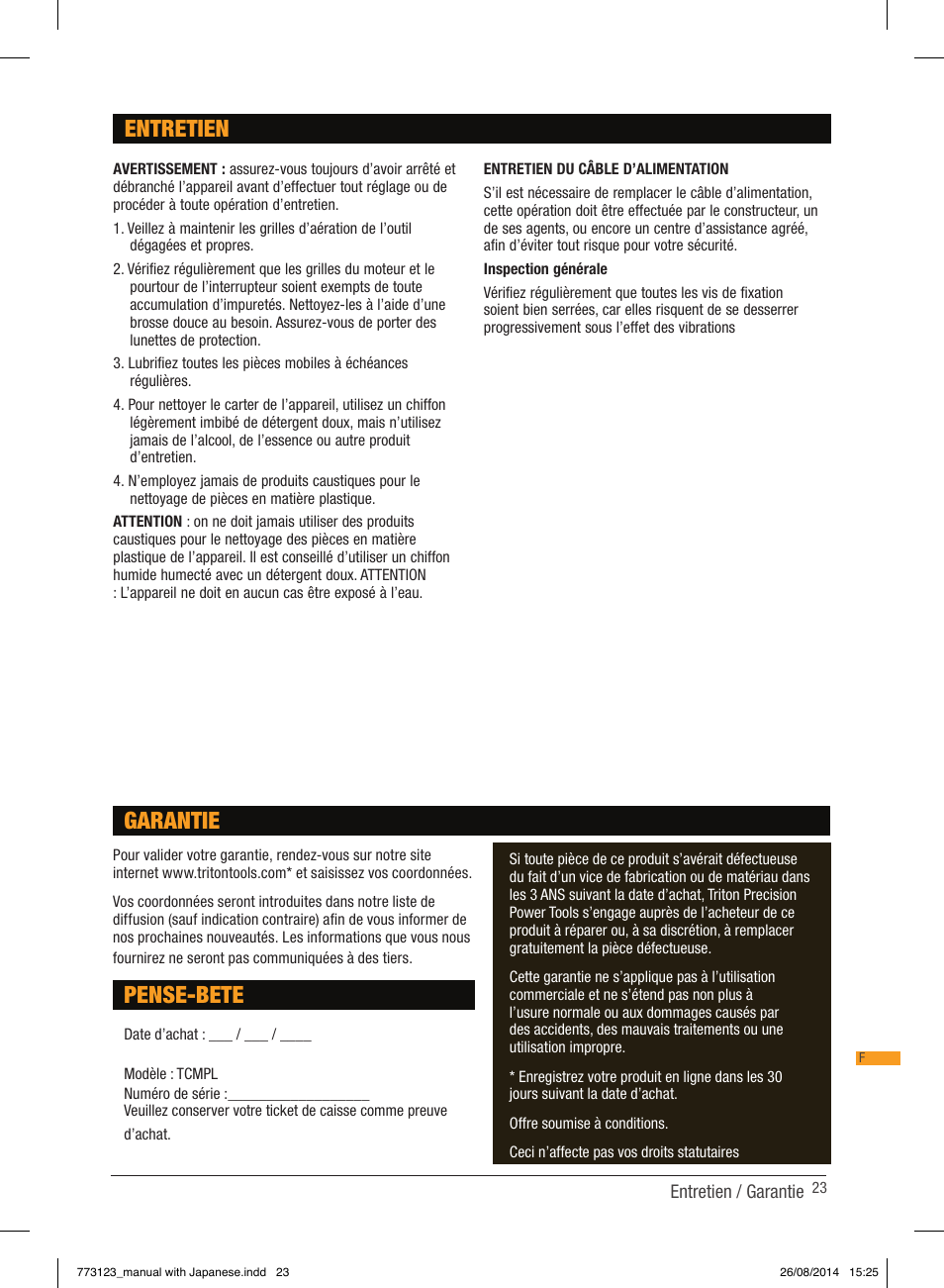 Entretien, Pense-bete, Garantie | Triton TCM PL User Manual | Page 23 / 54