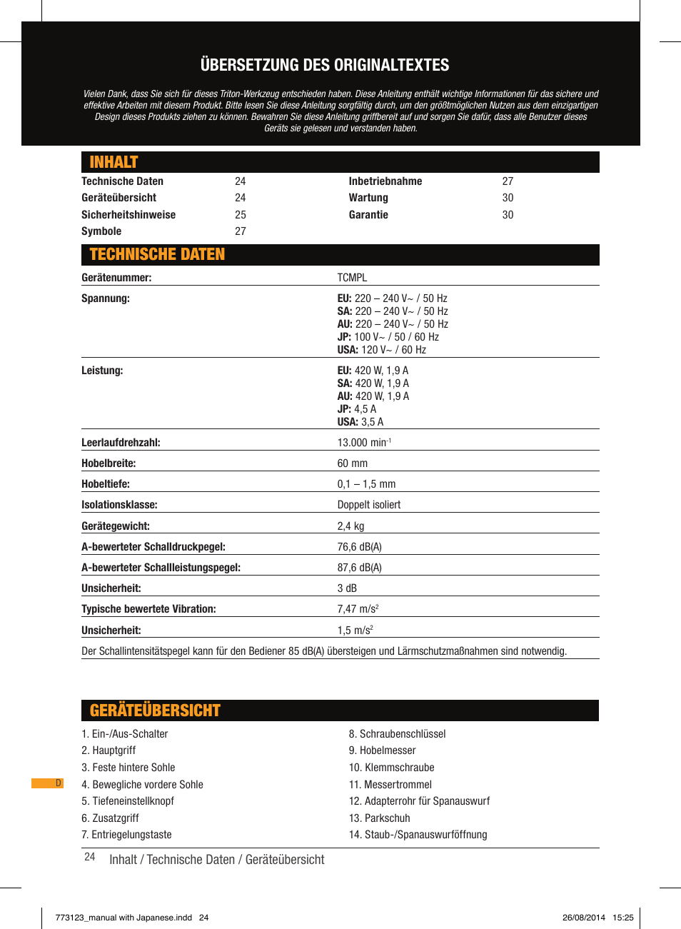 Inhalt technische daten, Geräteübersicht, Übersetzung des originaltextes | Triton TCM PL User Manual | Page 24 / 54