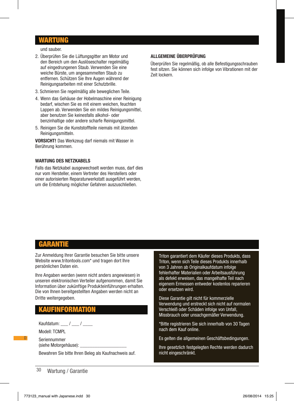 Wartung, Kaufinformation, Garantie | Triton TCM PL User Manual | Page 30 / 54