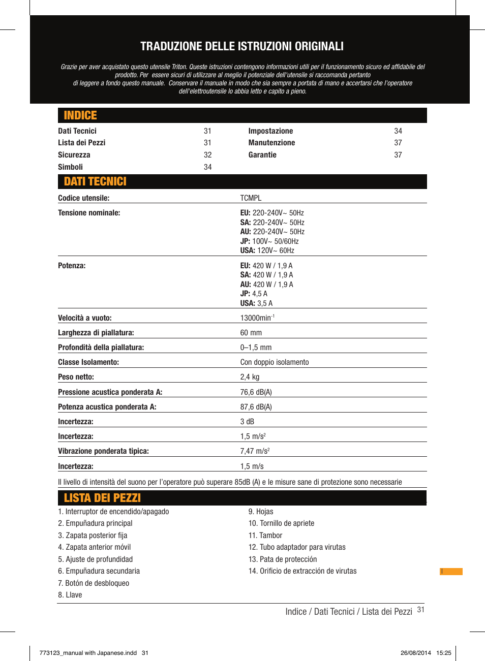 Indice dati tecnici, Lista dei pezzi, Traduzione delle istruzioni originali | Triton TCM PL User Manual | Page 31 / 54