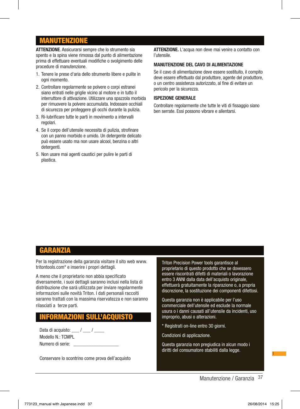 Manutenzione, Informazioni sull’acquisto, Garanzia | Triton TCM PL User Manual | Page 37 / 54