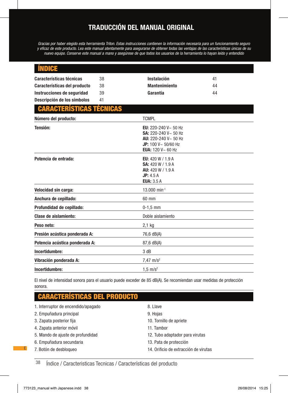 Índice características técnicas, Características del producto, Traducción del manual original | Triton TCM PL User Manual | Page 38 / 54