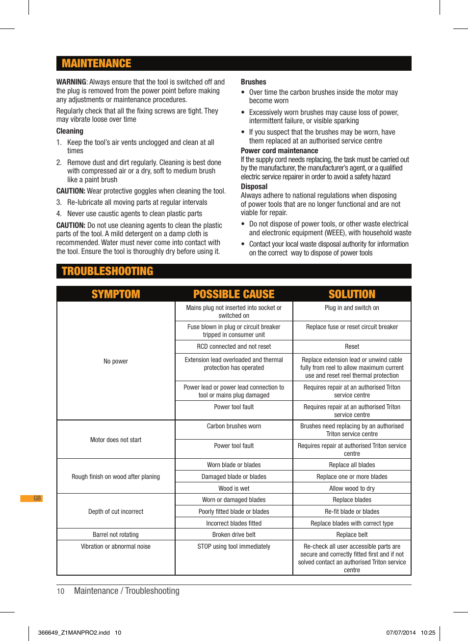 Maintenance troubleshooting, Symptom possible cause solution, Maintenance / troubleshooting | Triton TPL 180 User Manual | Page 11 / 62