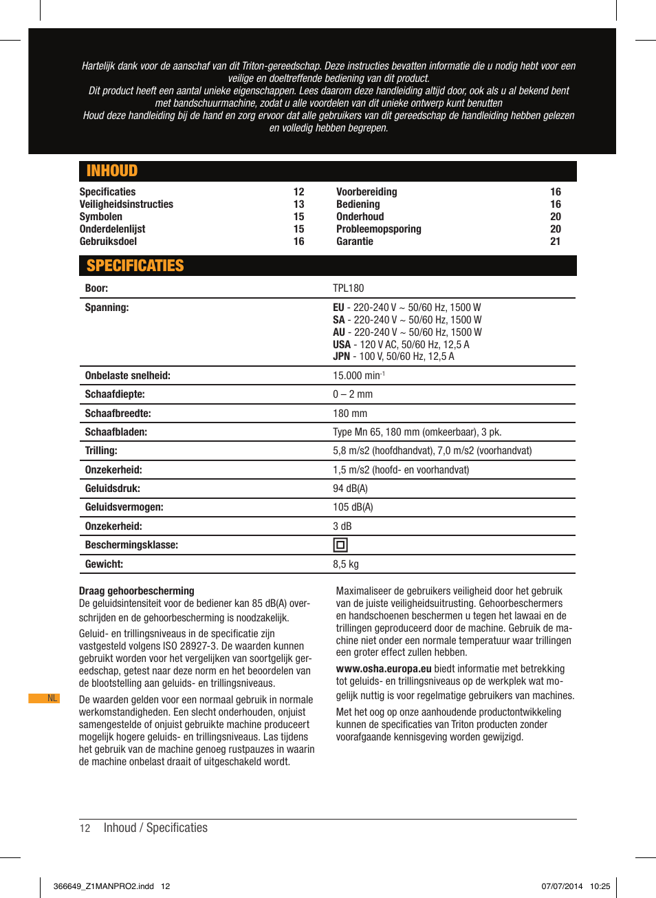 Inhoud, Specificaties | Triton TPL 180 User Manual | Page 13 / 62