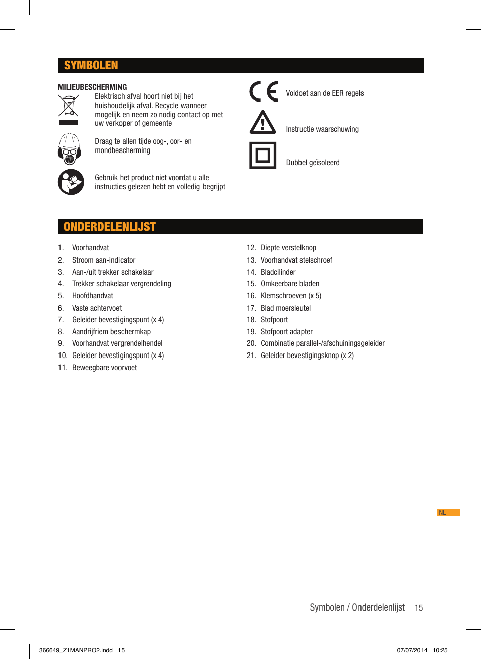 Symbolen, Onderdelenlijst | Triton TPL 180 User Manual | Page 16 / 62