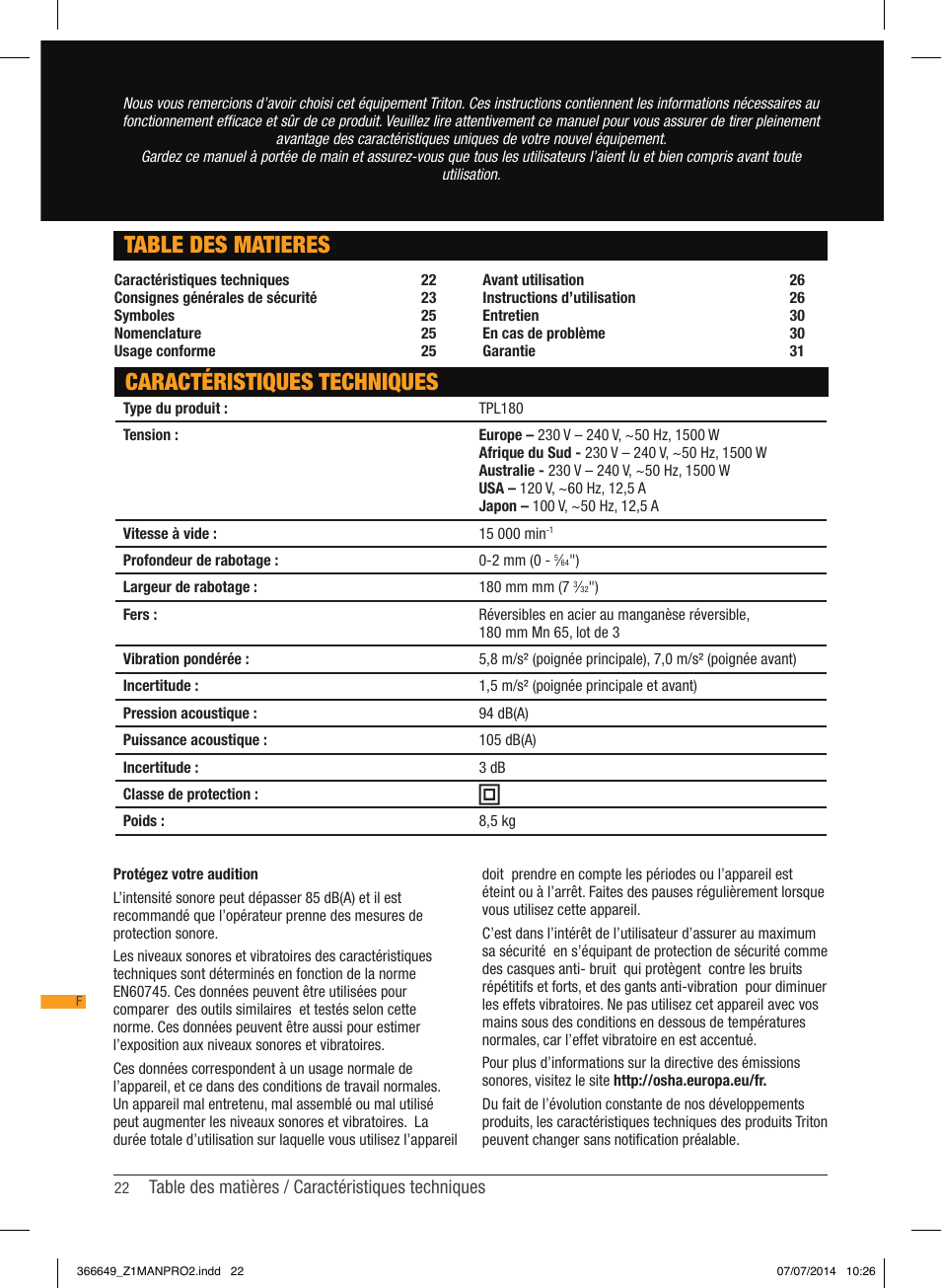 Table des matieres, Caractéristiques techniques | Triton TPL 180 User Manual | Page 23 / 62