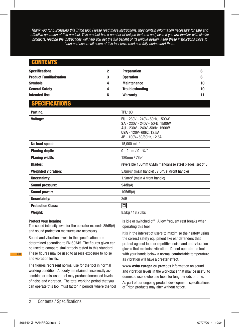 Specifications contents, Contents / specifications | Triton TPL 180 User Manual | Page 3 / 62