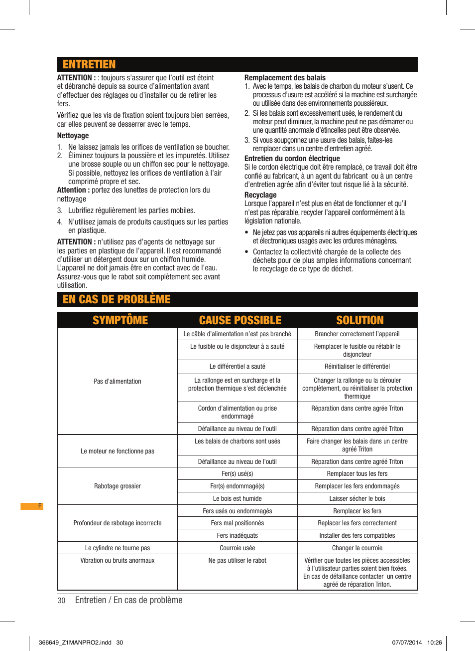 Entretien en cas de problème, Symptôme cause possible solution, Entretien / en cas de problème | Triton TPL 180 User Manual | Page 31 / 62