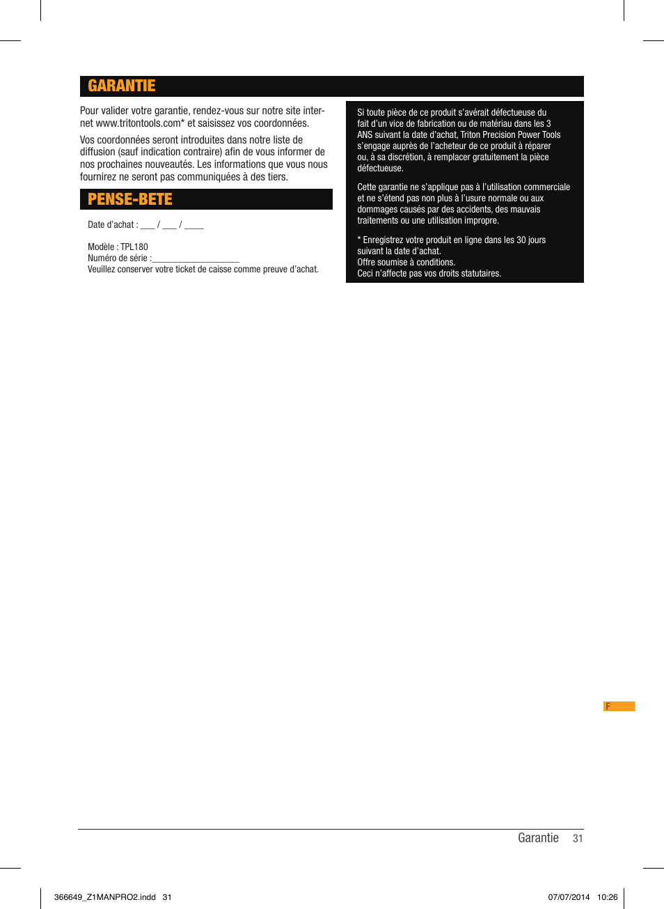 Pense-bete, Garantie | Triton TPL 180 User Manual | Page 32 / 62