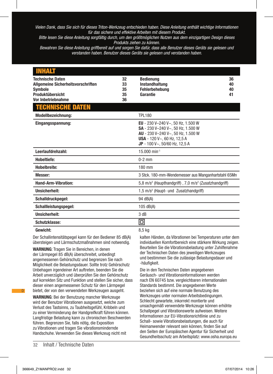 Technische daten inhalt | Triton TPL 180 User Manual | Page 33 / 62