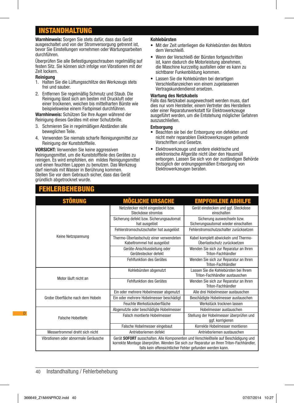 Instandhaltung fehlerbehebung, Störung mögliche ursache empfohlene abhilfe, Instandhaltung / fehlerbehebung | Triton TPL 180 User Manual | Page 41 / 62