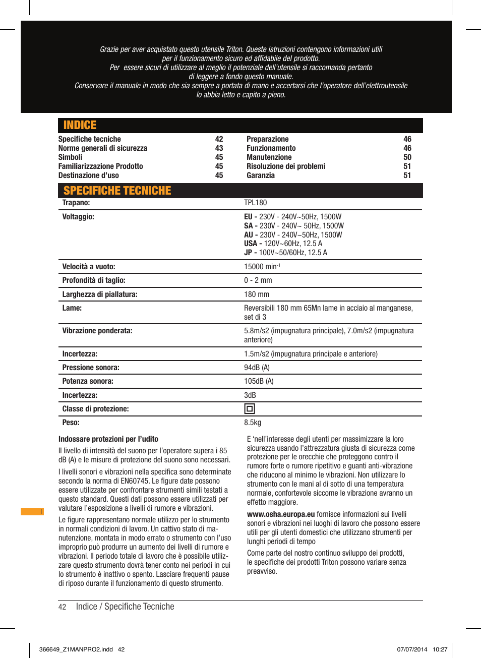 Indice, Specifiche tecniche | Triton TPL 180 User Manual | Page 43 / 62