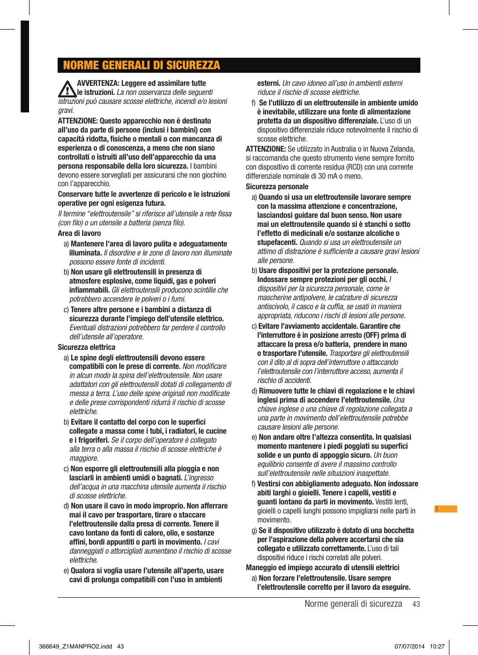 Norme generali di sicurezza | Triton TPL 180 User Manual | Page 44 / 62