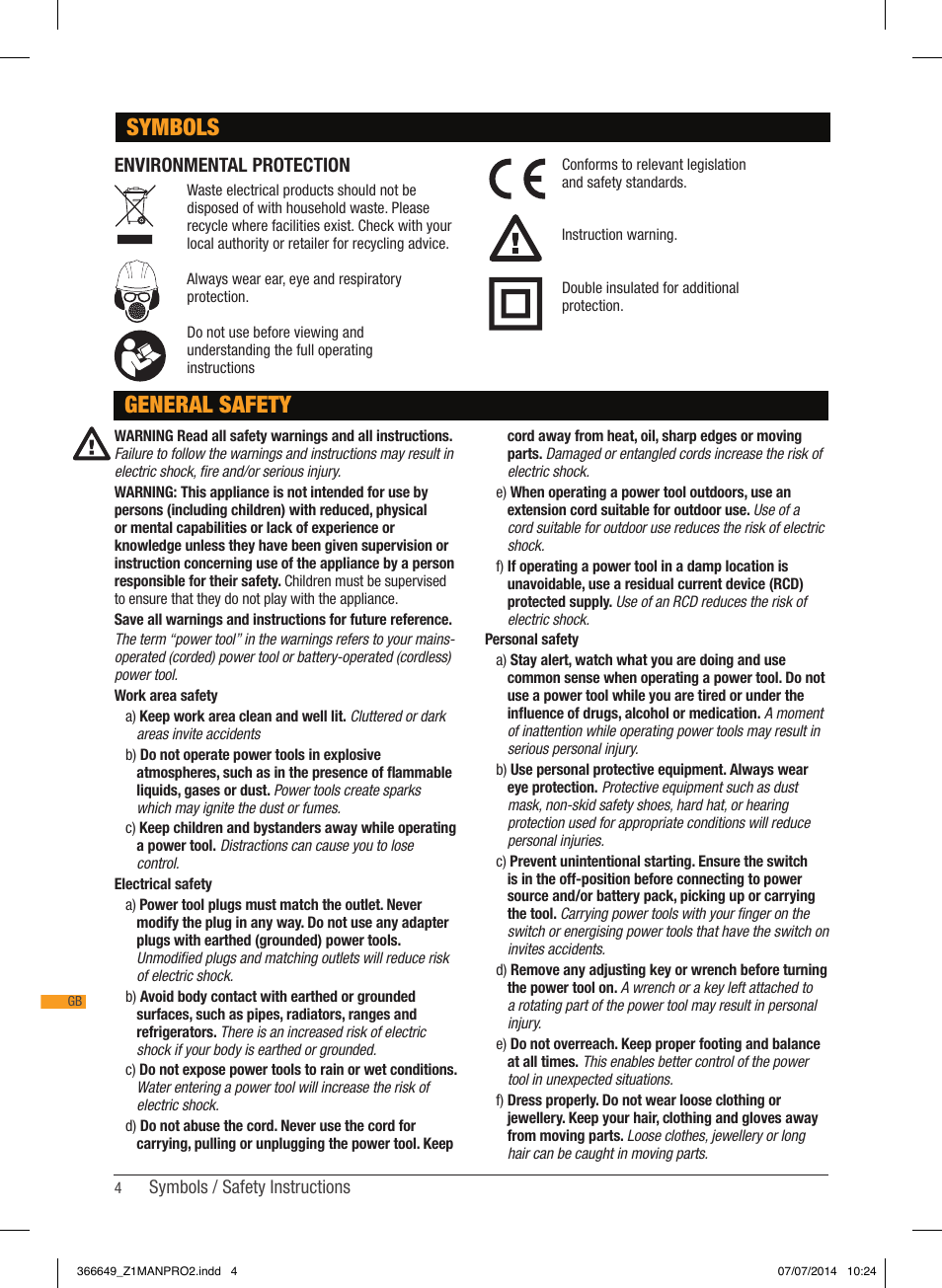 General safety, Symbols, Environmental protection | Triton TPL 180 User Manual | Page 5 / 62