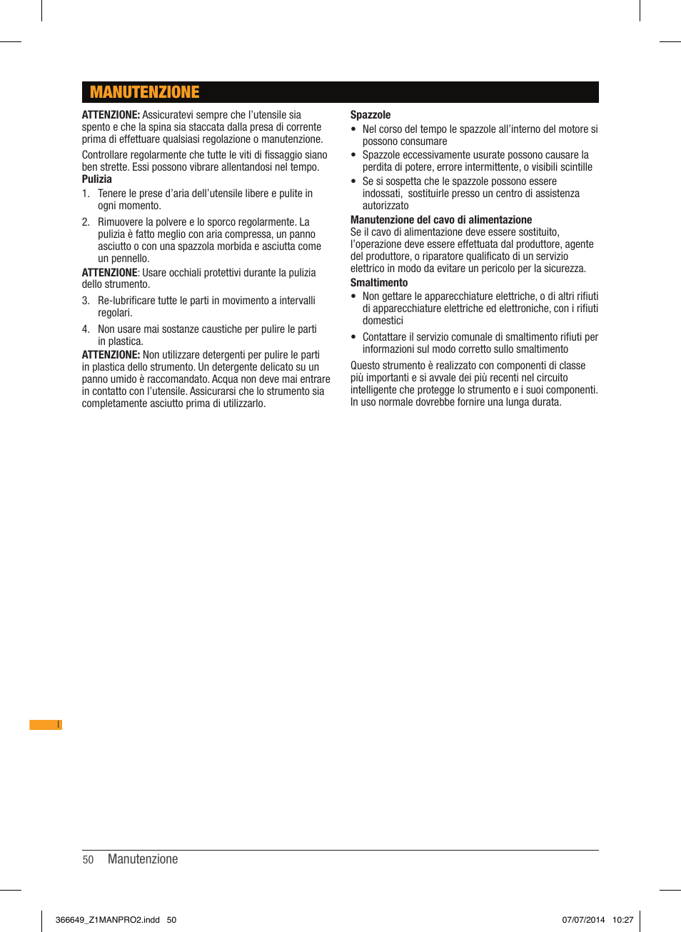 Manutenzione | Triton TPL 180 User Manual | Page 51 / 62