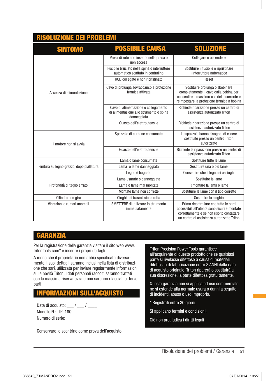 Informazioni sull’acquisto, Garanzia, Risoluzione dei problemi / garanzia | Triton TPL 180 User Manual | Page 52 / 62