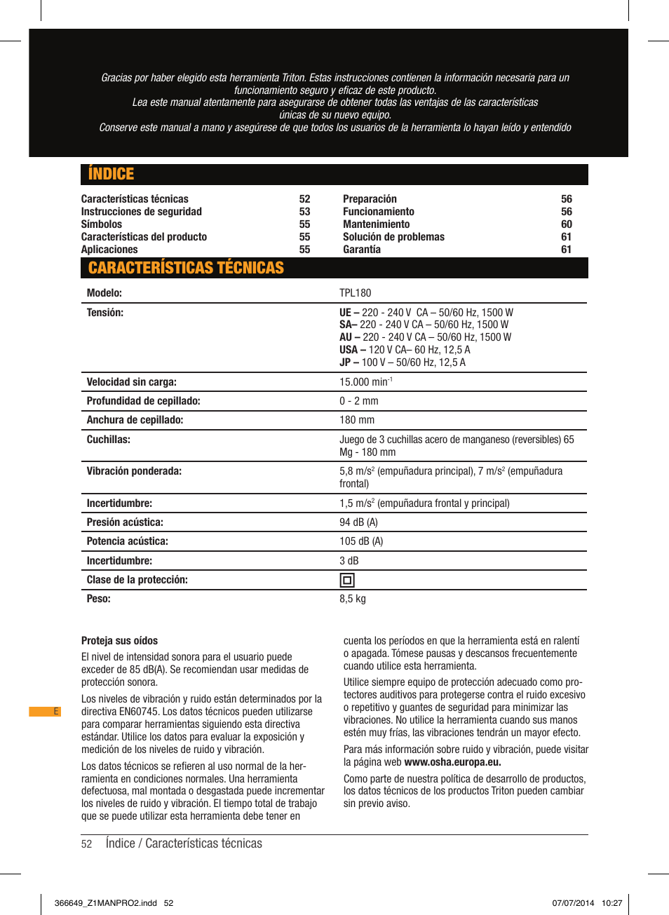 Índice, Características técnicas | Triton TPL 180 User Manual | Page 53 / 62