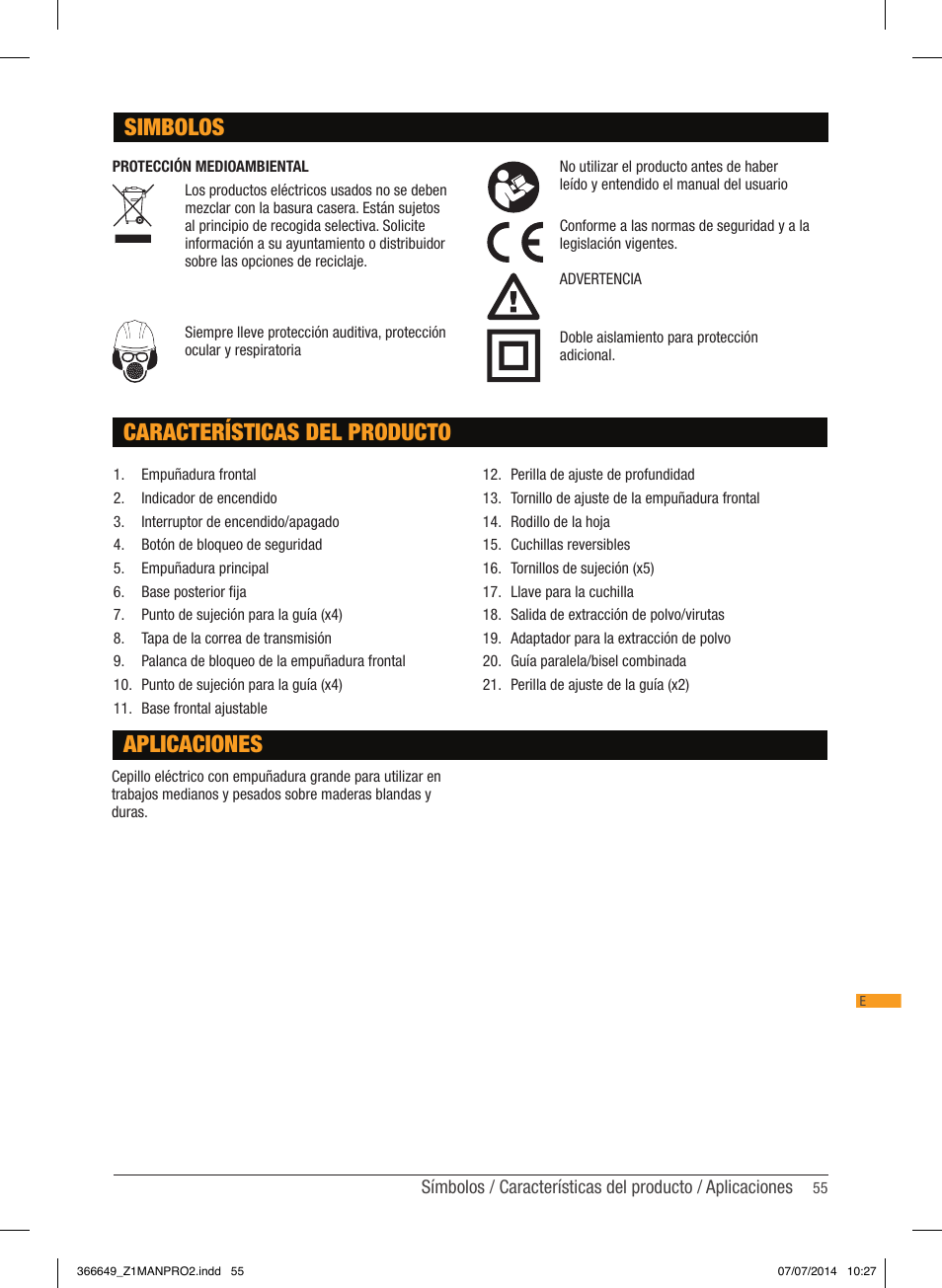 Simbolos, Características del producto aplicaciones | Triton TPL 180 User Manual | Page 56 / 62