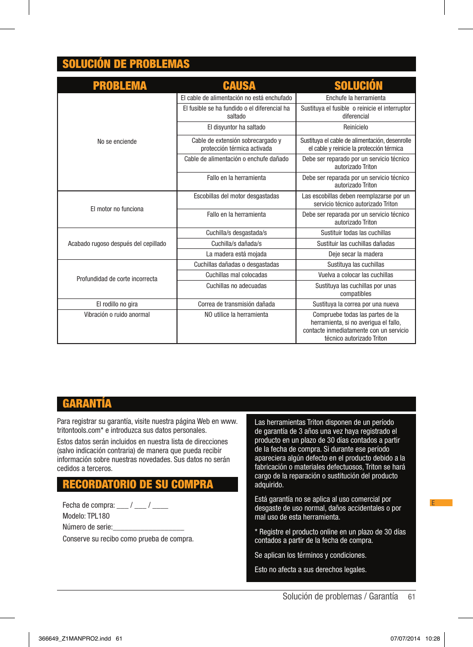 Solución de problemas problema causa solución, Recordatorio de su compra, Garantía | Solución de problemas / garantía | Triton TPL 180 User Manual | Page 62 / 62