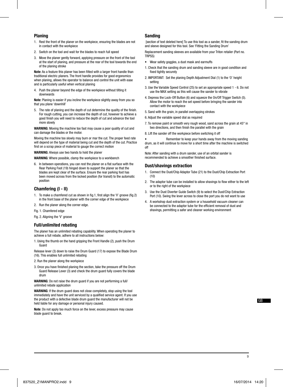 Planing, Chamfering (i - ii), Full/unlimited rebating | Sanding, Dust/shavings extraction | Triton TRP UL User Manual | Page 10 / 52